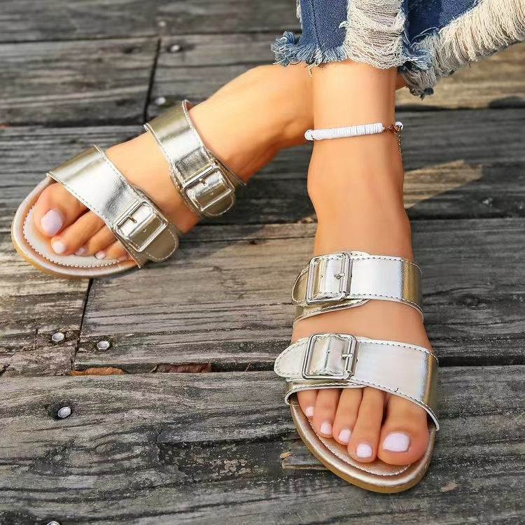 Open Toe Double Buckle Sandals-Teresa&#39;s Fashionista LLC