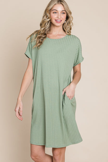 BOMBOM Ribbed Round Neck Short Sleeve Dress-Teresa&#39;s Fashionista LLC