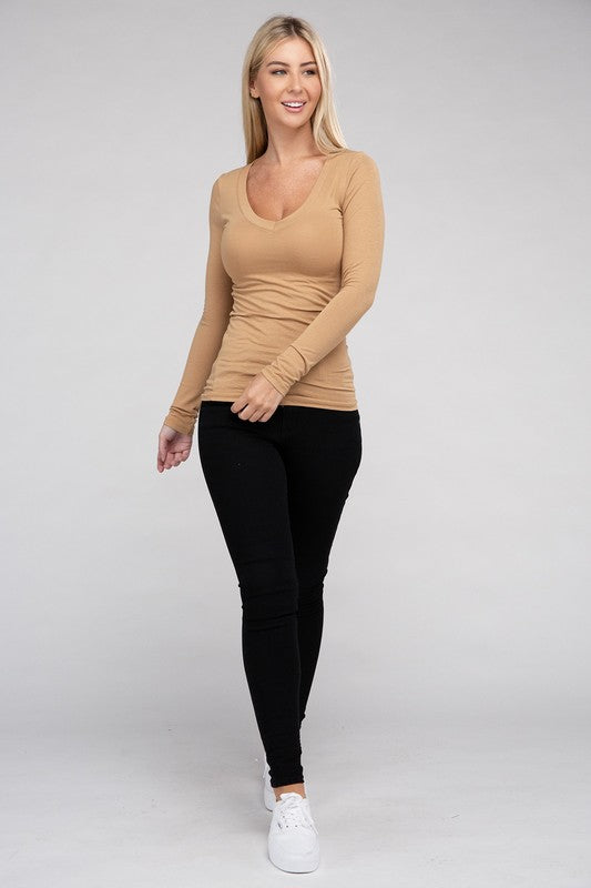 Essential V-Neck Long Sleeve T-Shirt-Teresa&#39;s Fashionista LLC