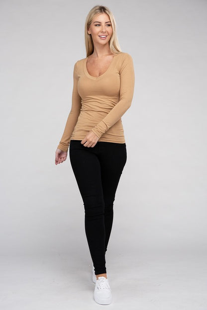 Essential V-Neck Long Sleeve T-Shirt-Teresa&#39;s Fashionista LLC