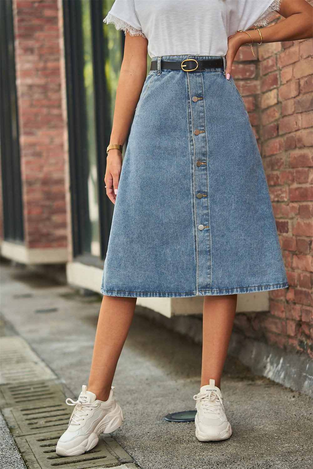 Button Front A-Line Denim Skirt-Teresa&#39;s Fashionista LLC