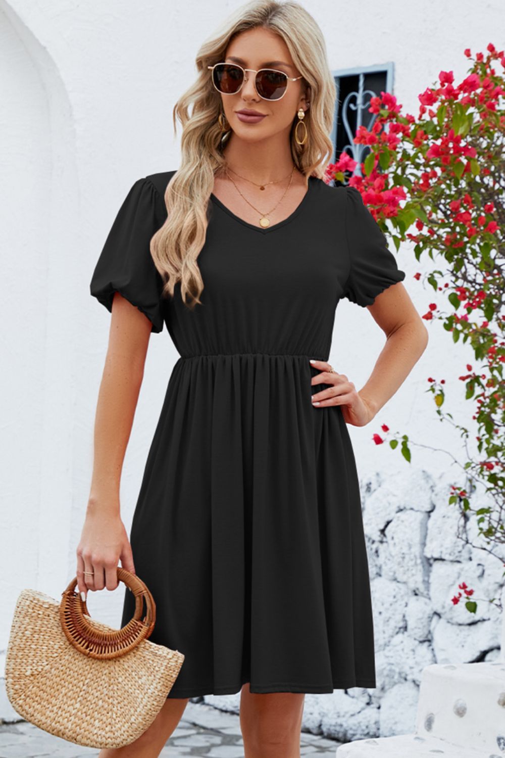 V-Neck Balloon Short Sleeve Dress-Teresa&#39;s Fashionista LLC