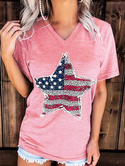 US Flag Graphic V-Neck Short Sleeve T-Shirt-Teresa&#39;s Fashionista LLC