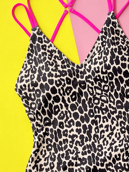 Leopard Plunge Spaghetti Strap One-Piece Swimwear-Teresa&#39;s Fashionista LLC