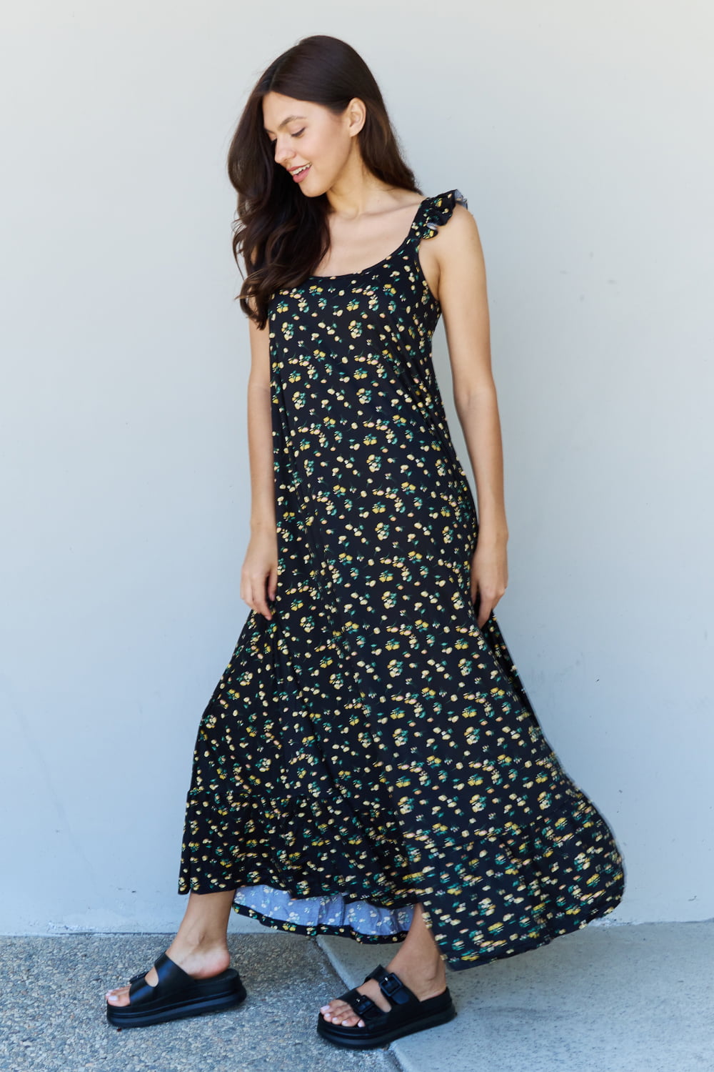 Doublju In The Garden Ruffle Floral Maxi Dress in Black Yellow Floral-Teresa&#39;s Fashionista LLC