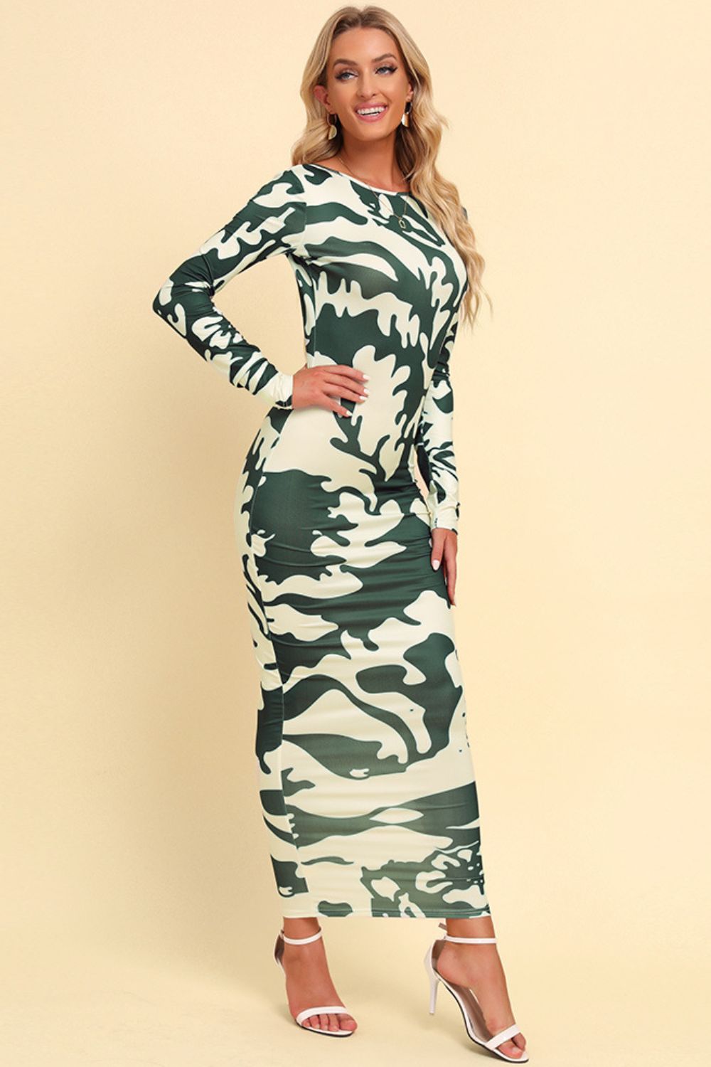 Printed Backless Long Sleeve Maxi Dress-Teresa&#39;s Fashionista LLC