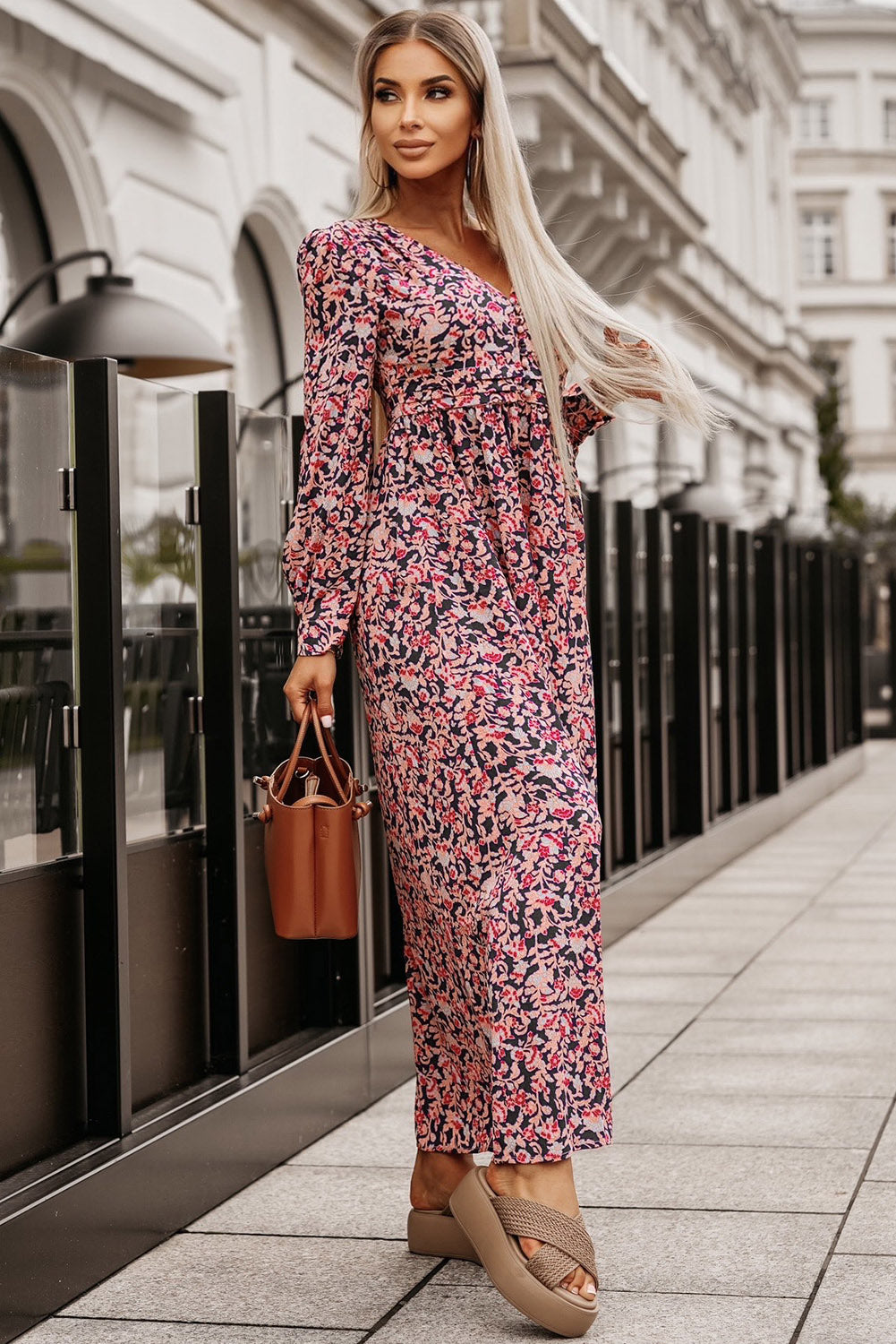 Printed V-Neck Long Sleeve Maxi Dress-Teresa&#39;s Fashionista LLC