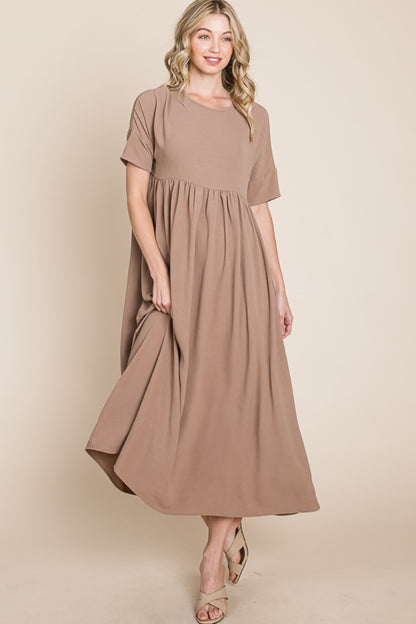 BOMBOM Round Neck Ruched Midi Dress-Teresa&#39;s Fashionista LLC