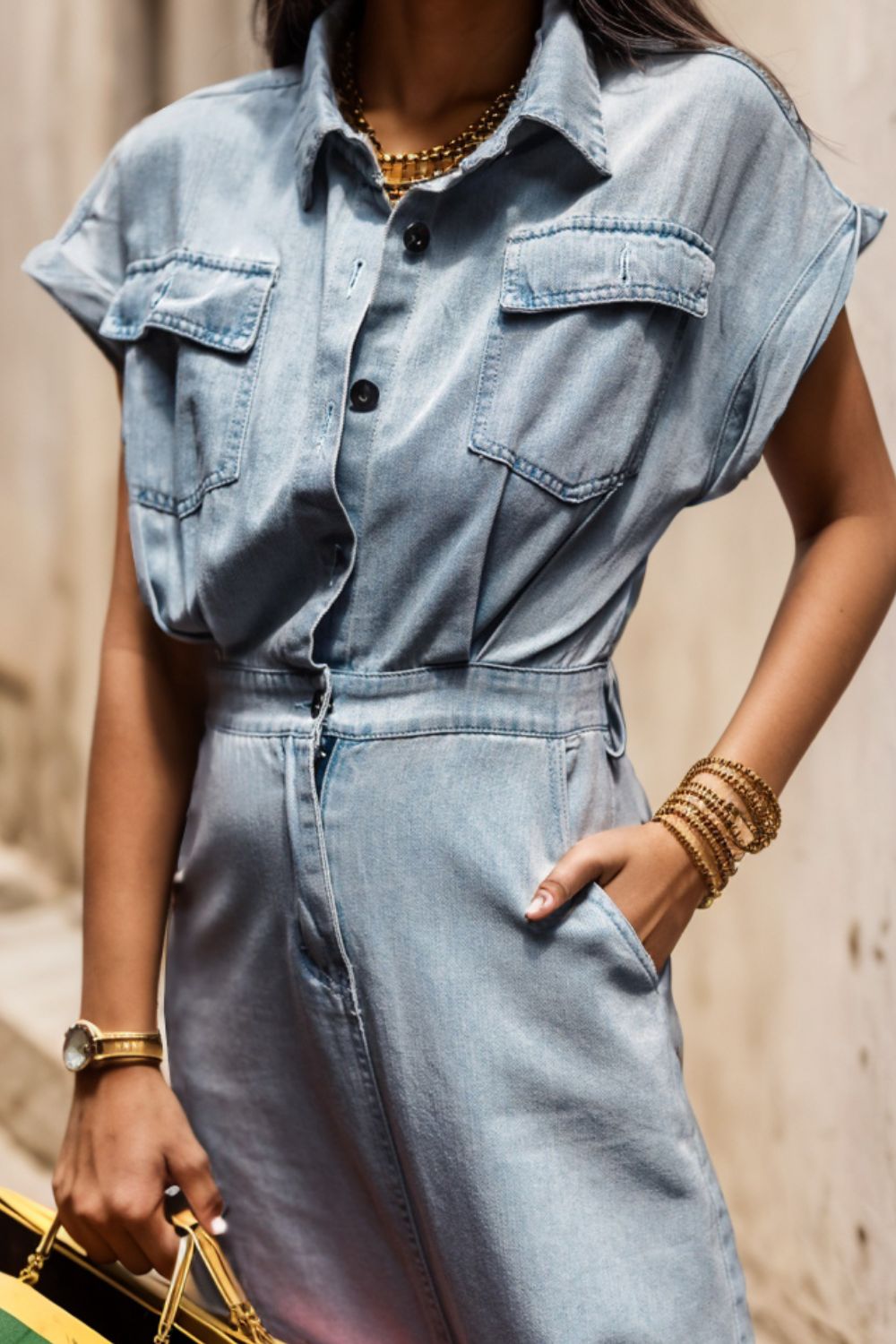 Slit Pocketed Half Button Denim Dress-Teresa&#39;s Fashionista LLC