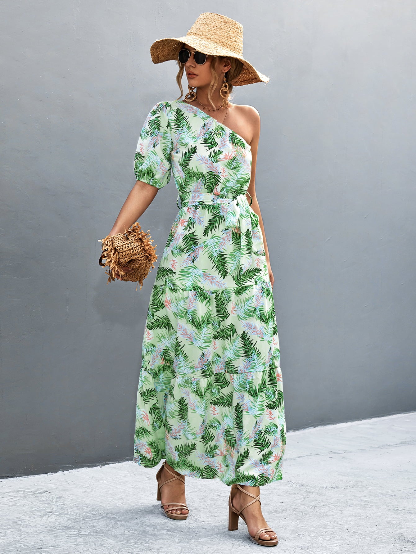 Printed Tie Waist One Shoulder Maxi Dress-Teresa&#39;s Fashionista LLC