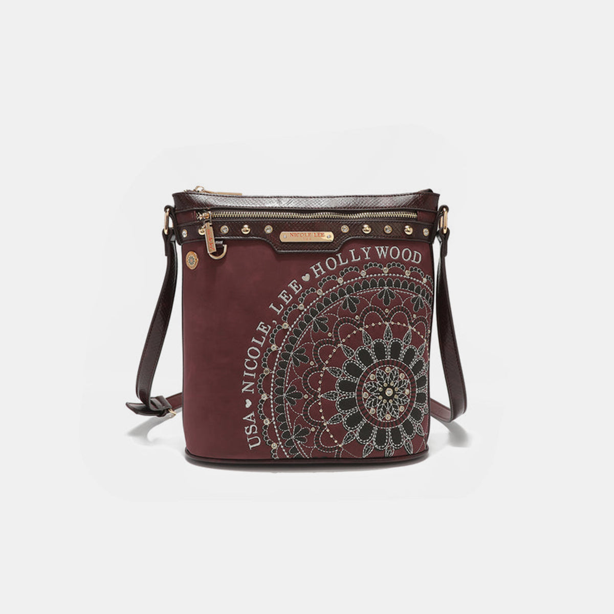 Nicole Lee USA Metallic Stitching Embroidery Inlaid Rhinestone Crossbody Bag-Teresa&#39;s Fashionista LLC