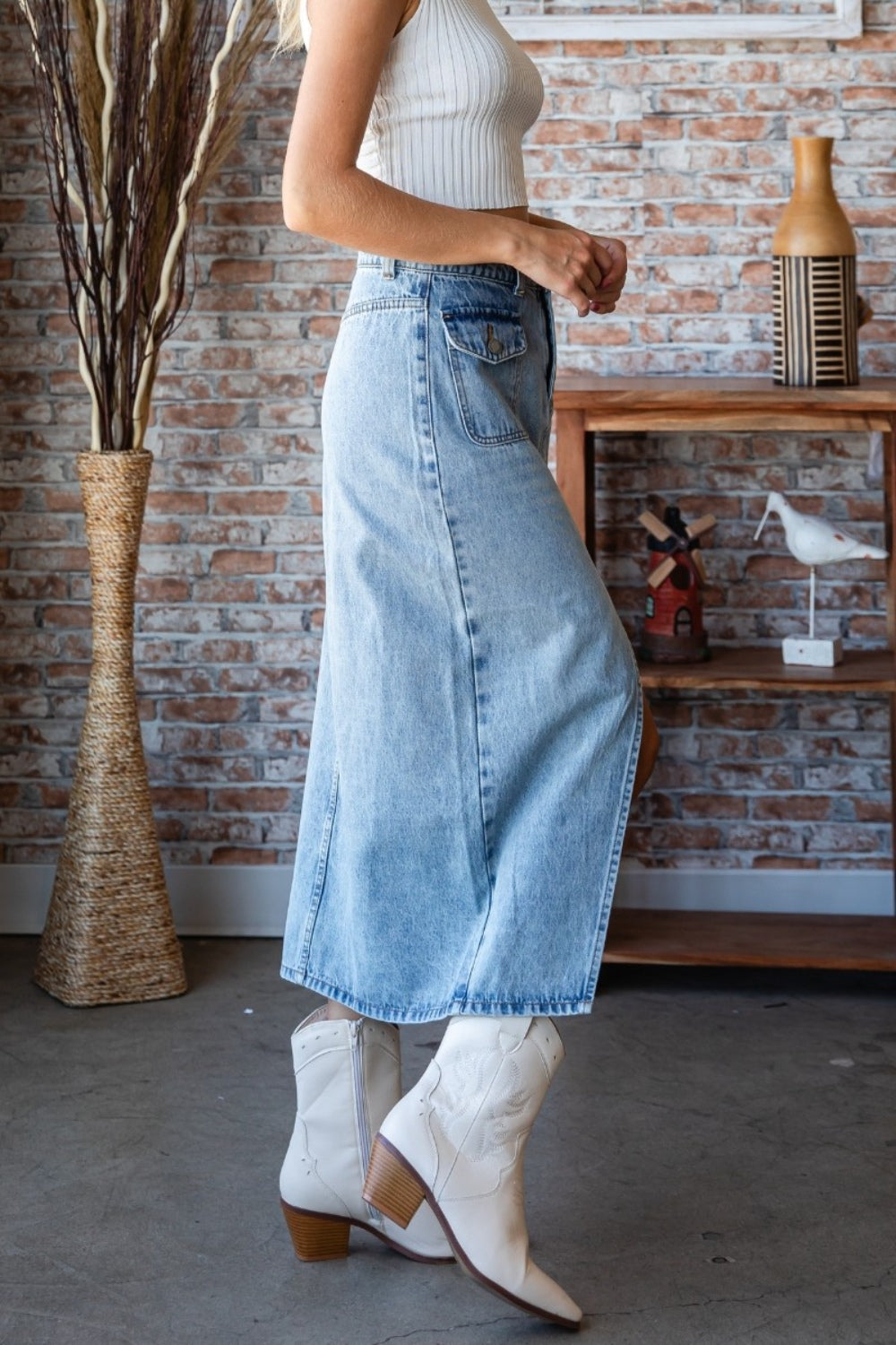 Veveret Slit Mid Rise Waist Denim Skirt-Teresa&#39;s Fashionista LLC