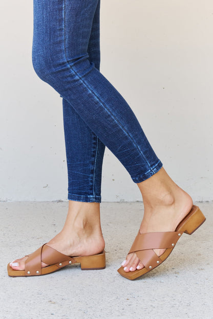 Weeboo Step Into Summer Criss Cross Wooden Clog Mule in Brown-Teresa&#39;s Fashionista LLC