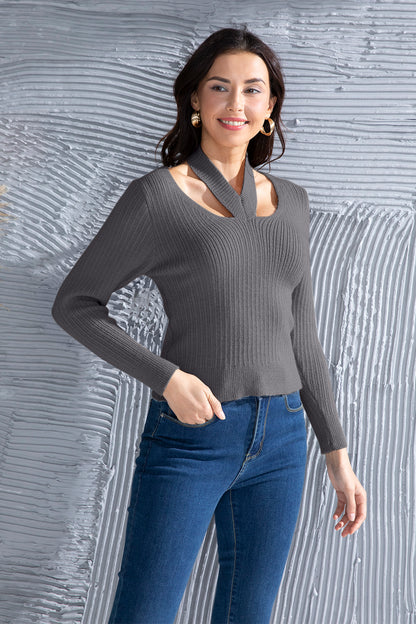 Halter Neck Long Sleeve Sweater-Teresa&#39;s Fashionista LLC