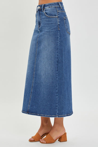 RISEN High Rise Back Slit Denim Skirt-Teresa&#39;s Fashionista LLC