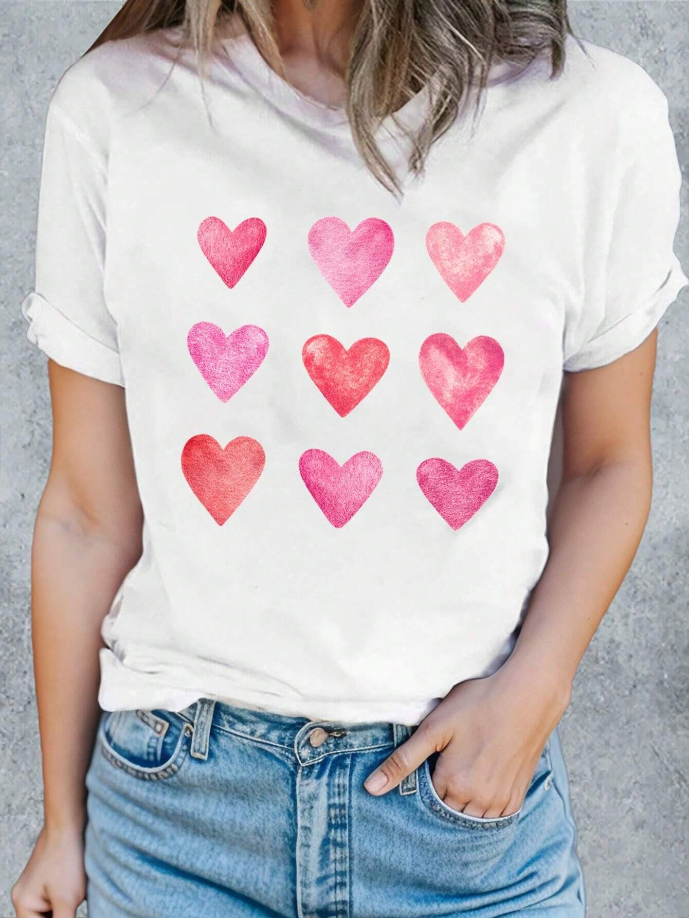 Heart Round Neck Short Sleeve T-Shirt-Teresa&#39;s Fashionista LLC