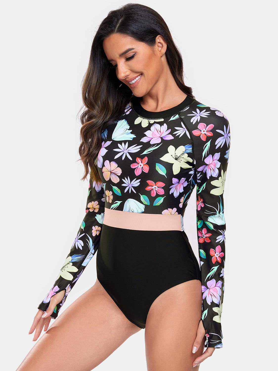 Flower Round Neck Long Sleeve One-Piece Swimwear-Teresa&#39;s Fashionista LLC