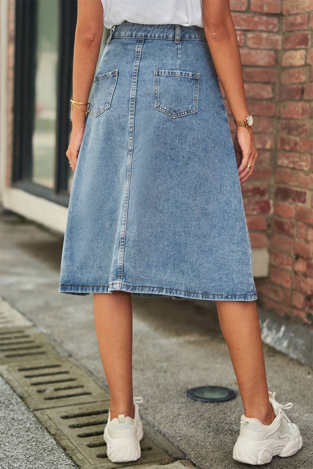 Button Front A-Line Denim Skirt-Teresa&#39;s Fashionista LLC