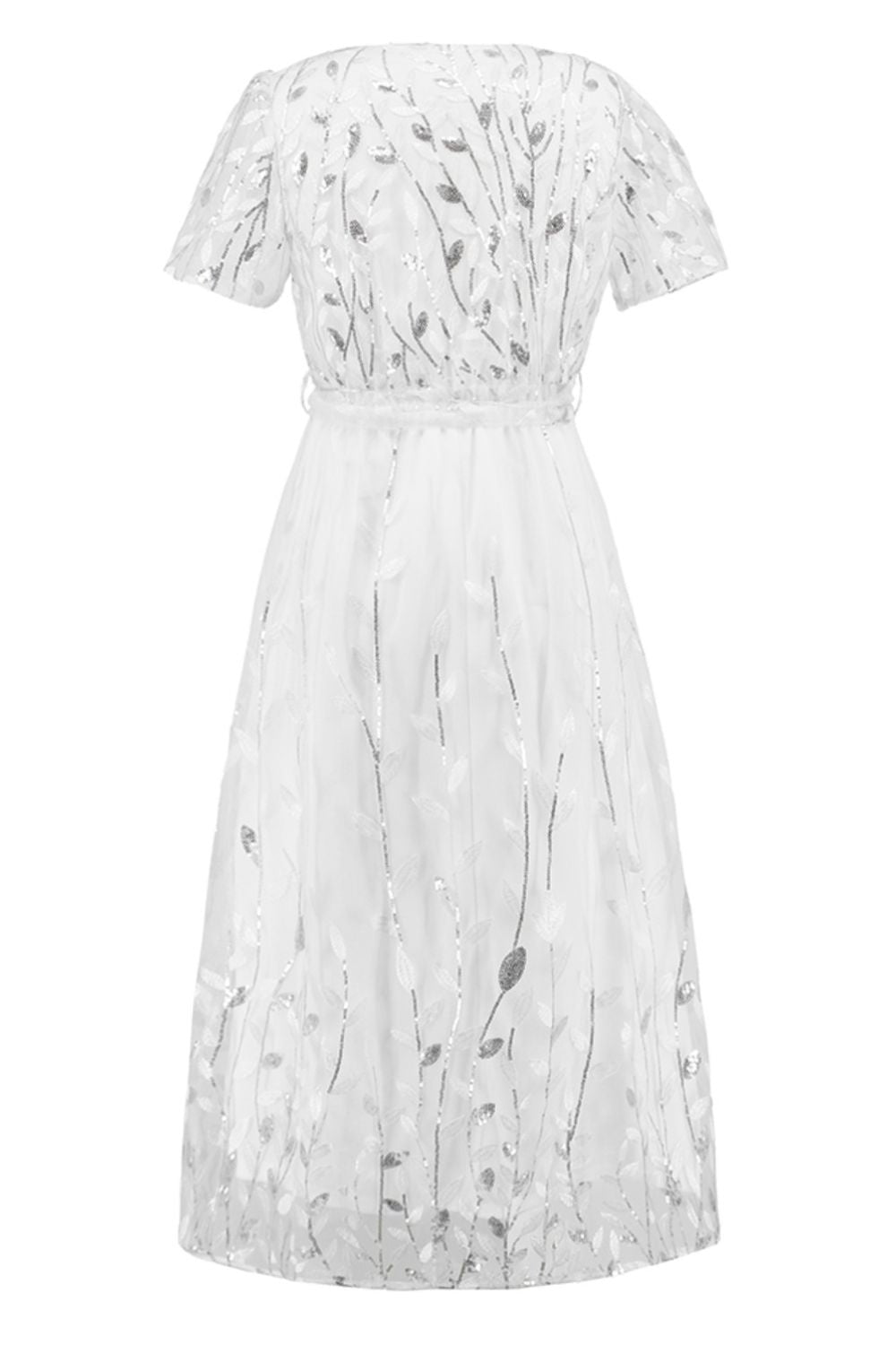 Sequin Leaf Embroidery Tie Front Short Sleeve Dress-Teresa&#39;s Fashionista LLC