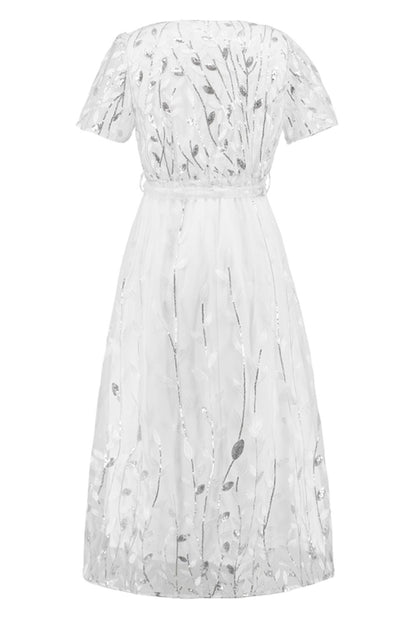 Sequin Leaf Embroidery Tie Front Short Sleeve Dress-Teresa&#39;s Fashionista LLC