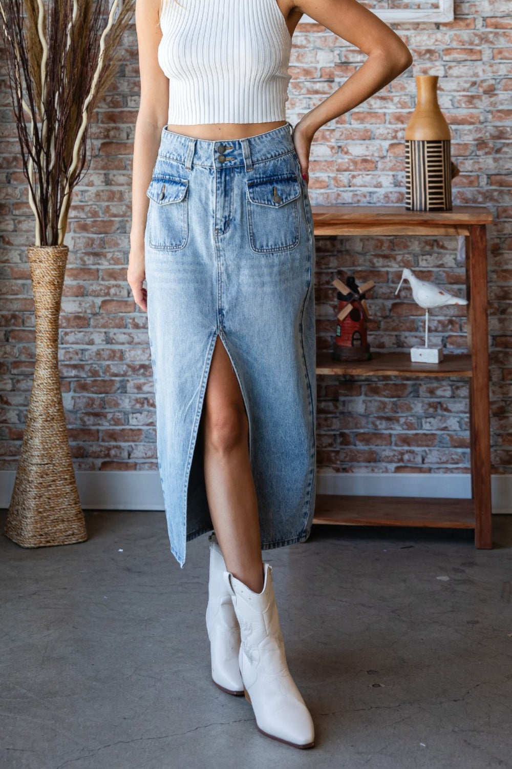 Veveret Slit Mid Rise Waist Denim Skirt-Teresa&#39;s Fashionista LLC