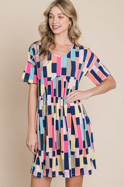 BOMBOM Ruched Color Block Short Sleeve Mini Dress-Teresa&#39;s Fashionista LLC