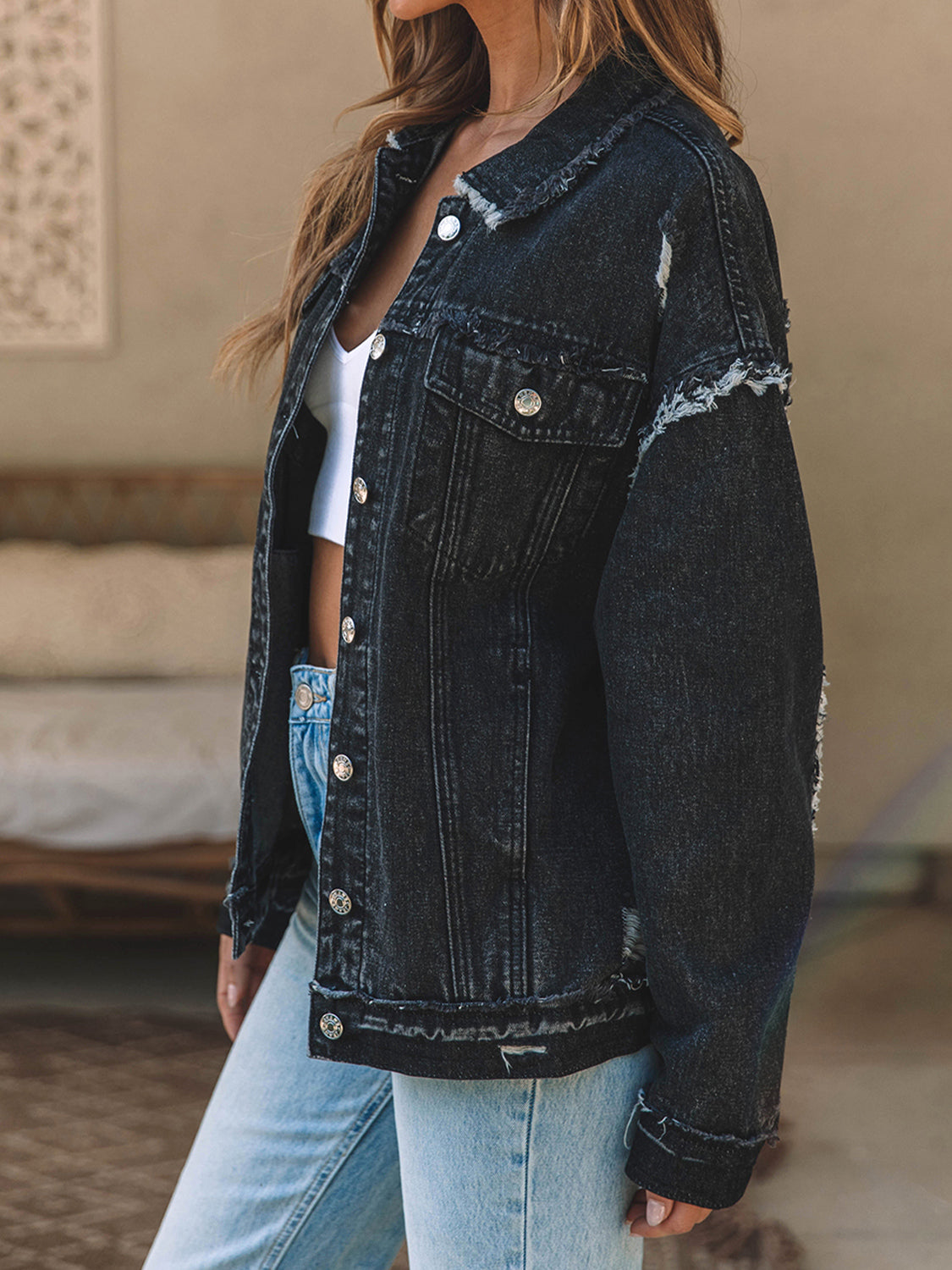 Button Up Raw Hem Distressed Denim Jacket-Teresa&#39;s Fashionista LLC