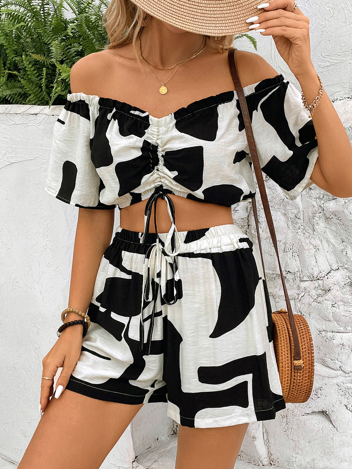 Drawstring Off-Shoulder Top and Shorts Set-Teresa&#39;s Fashionista LLC