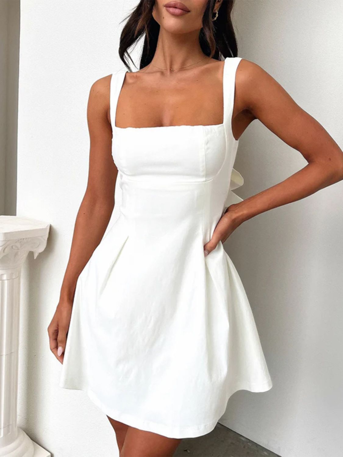 Devine Bow Back Square Neck Mini Dress