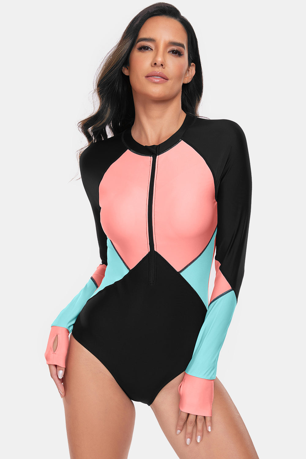 Color Block Half Zip Long Sleeve One-Piece Swimwear-Teresa&#39;s Fashionista LLC