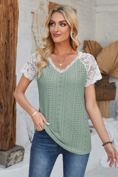 Eyelet V-Neck Lace Short Sleeve T-Shirt-Teresa&#39;s Fashionista LLC