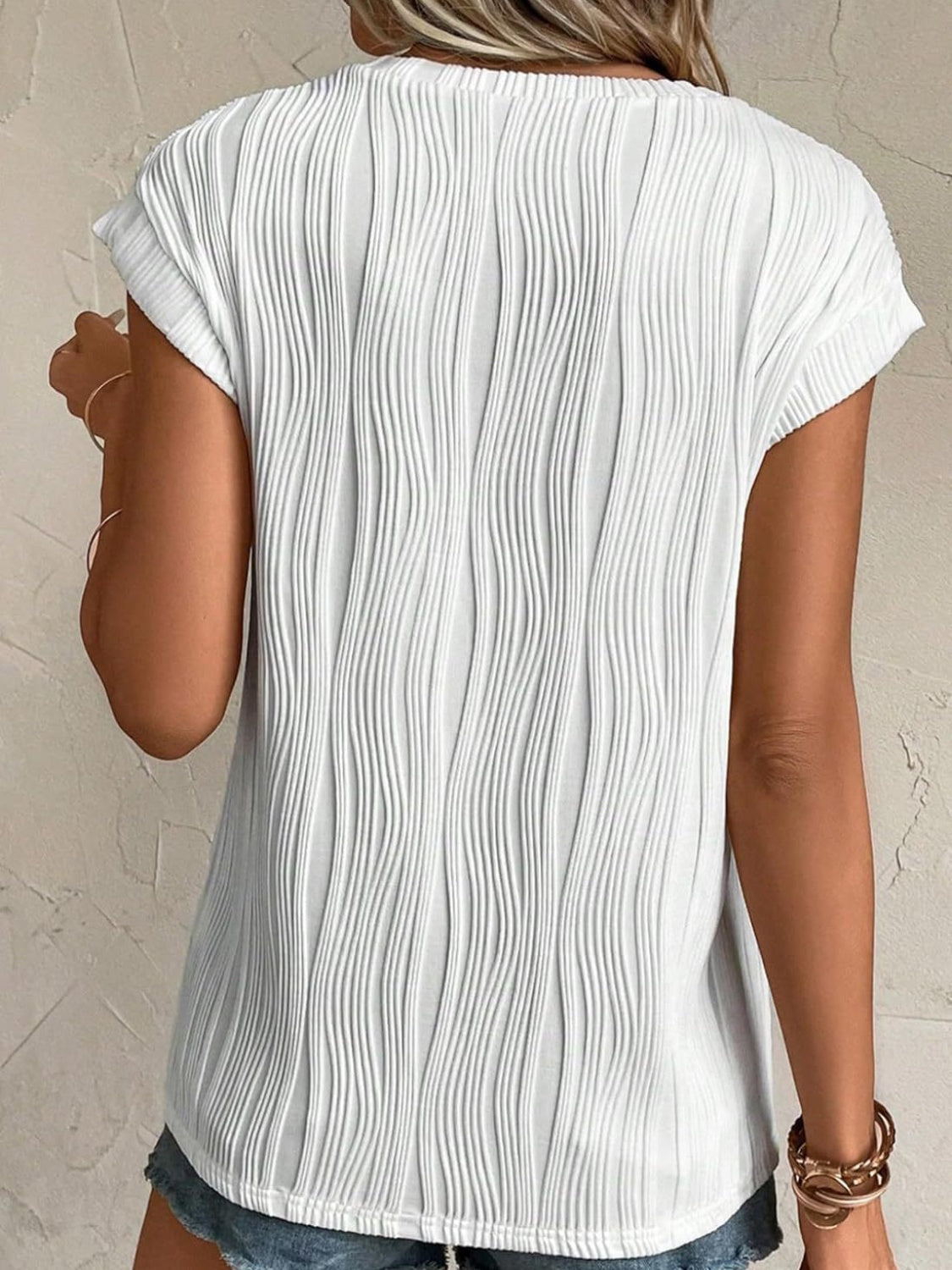 Textured Round Neck Cap Sleeve T-Shirt-Teresa&#39;s Fashionista LLC