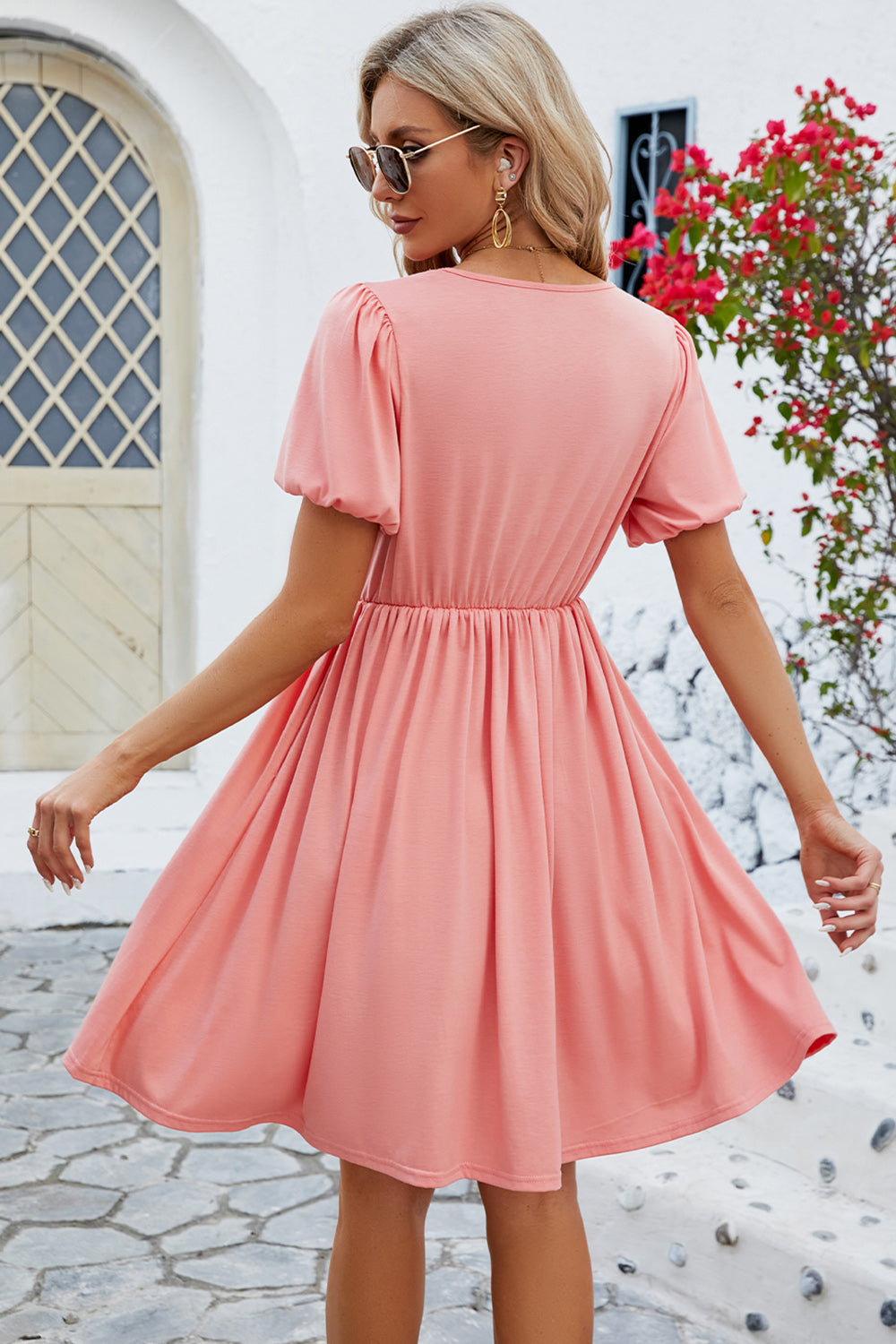 V-Neck Balloon Short Sleeve Dress-Teresa&#39;s Fashionista LLC