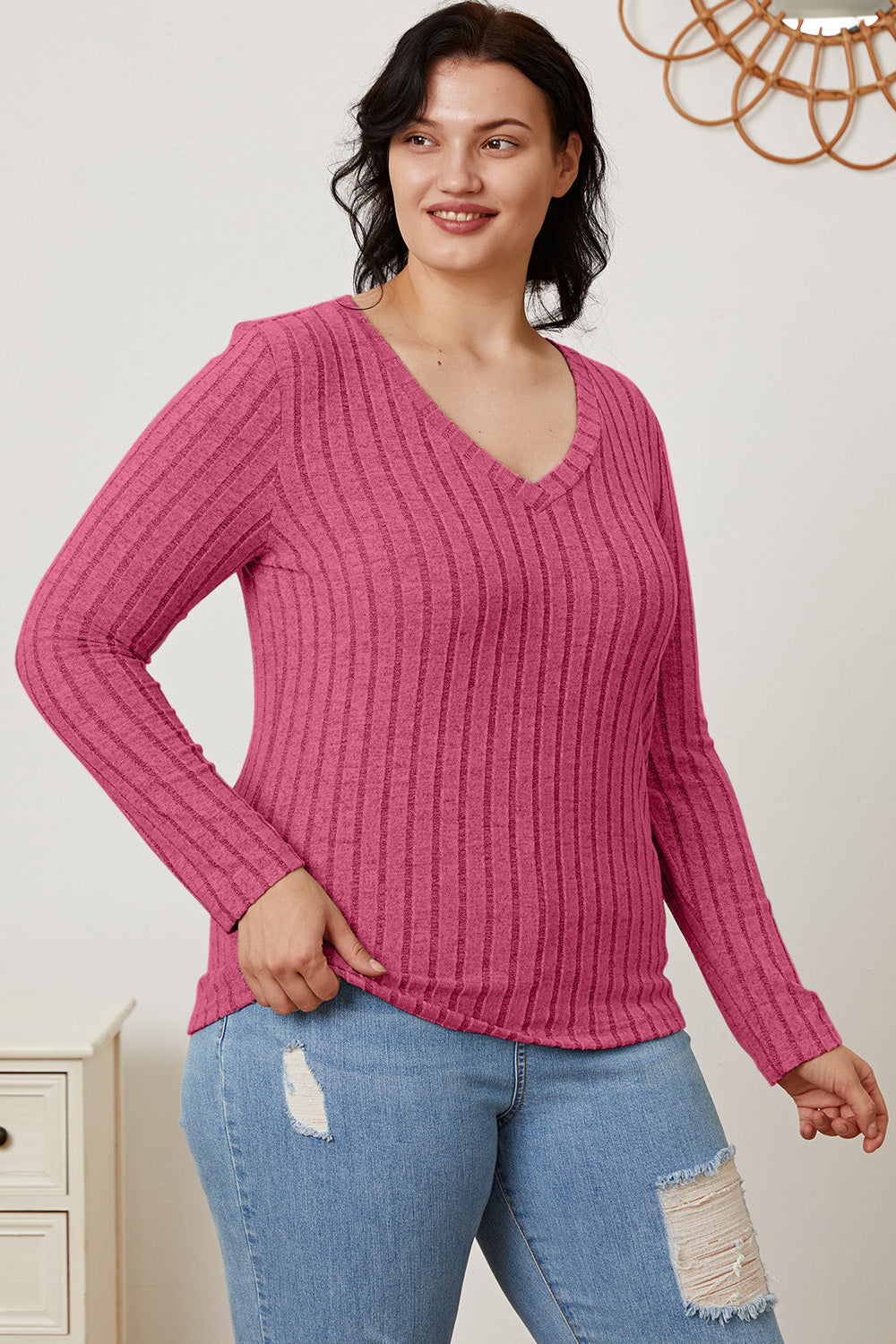 Basic Bae Full Size Ribbed V-Neck Long Sleeve T-Shirt-Teresa&#39;s Fashionista LLC