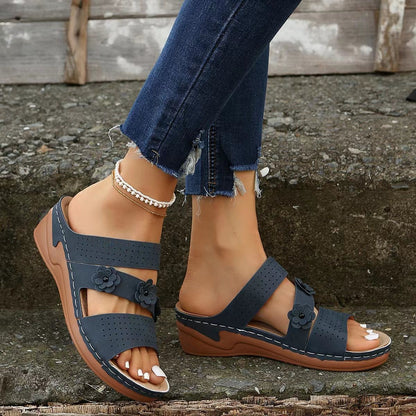 Flower PU Leather Wedge Sandals-Teresa&#39;s Fashionista LLC