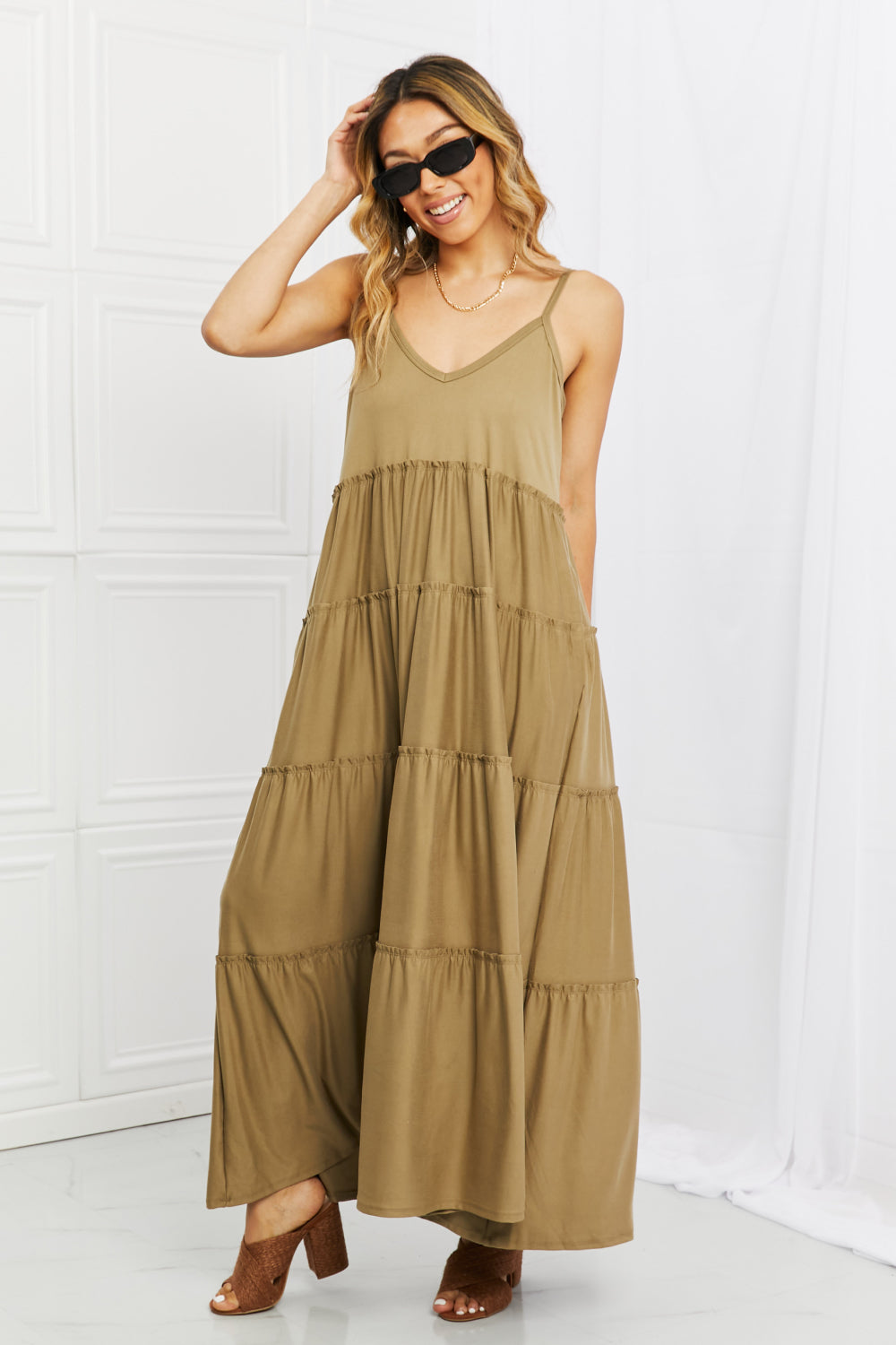 Zenana Full Size Spaghetti Strap Tiered Dress with Pockets in Khaki-Teresa&#39;s Fashionista LLC