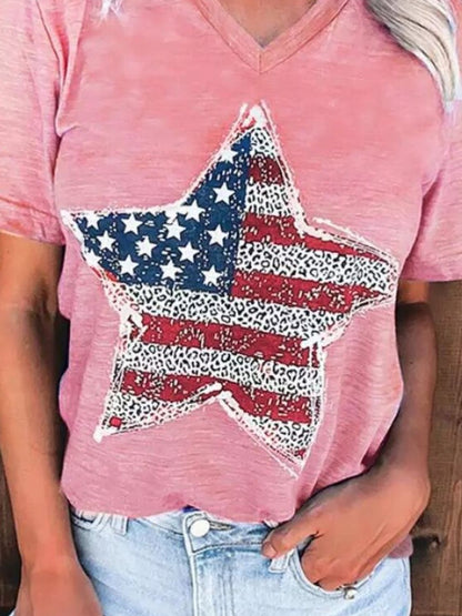 US Flag Graphic V-Neck Short Sleeve T-Shirt-Teresa&#39;s Fashionista LLC