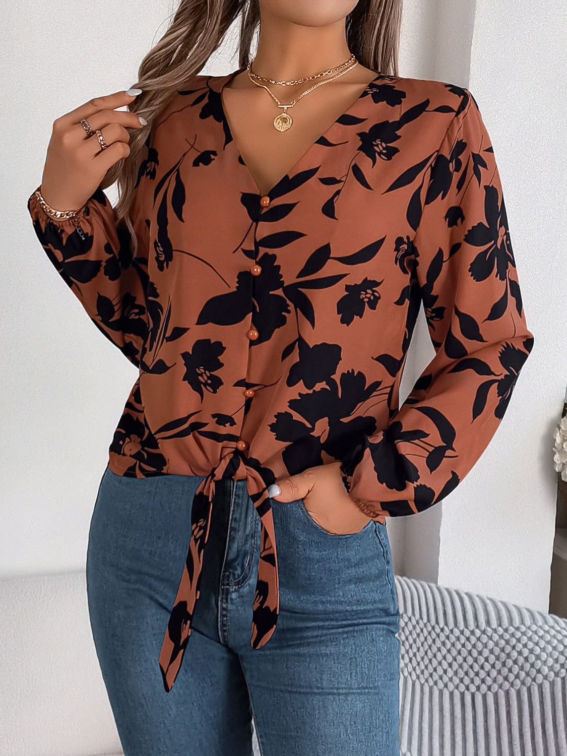 Printed V-Neck Long Sleeve Blouse-Teresa&#39;s Fashionista LLC