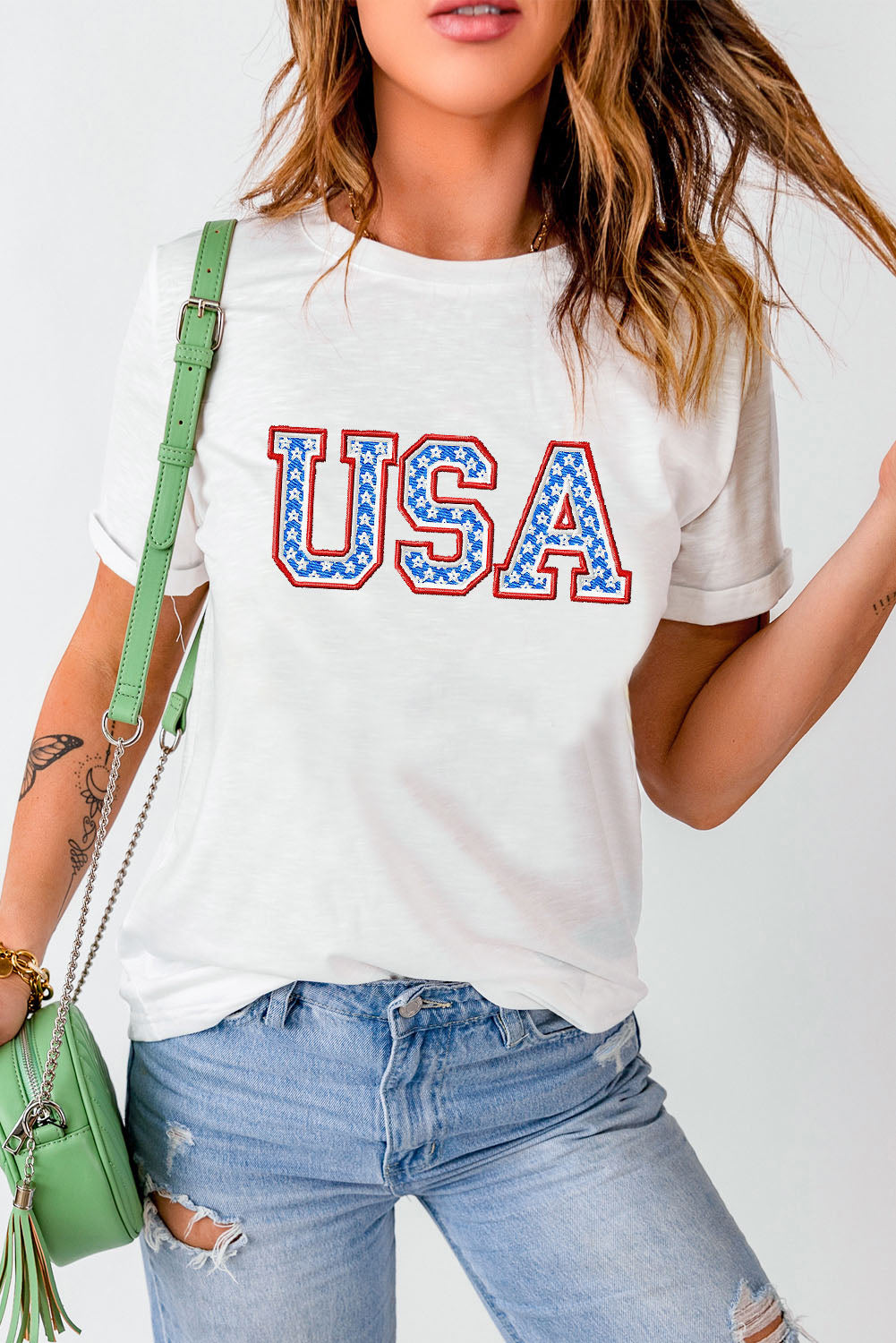 USA Graphic Embroidered Round Neck T-Shirt-Teresa&#39;s Fashionista LLC