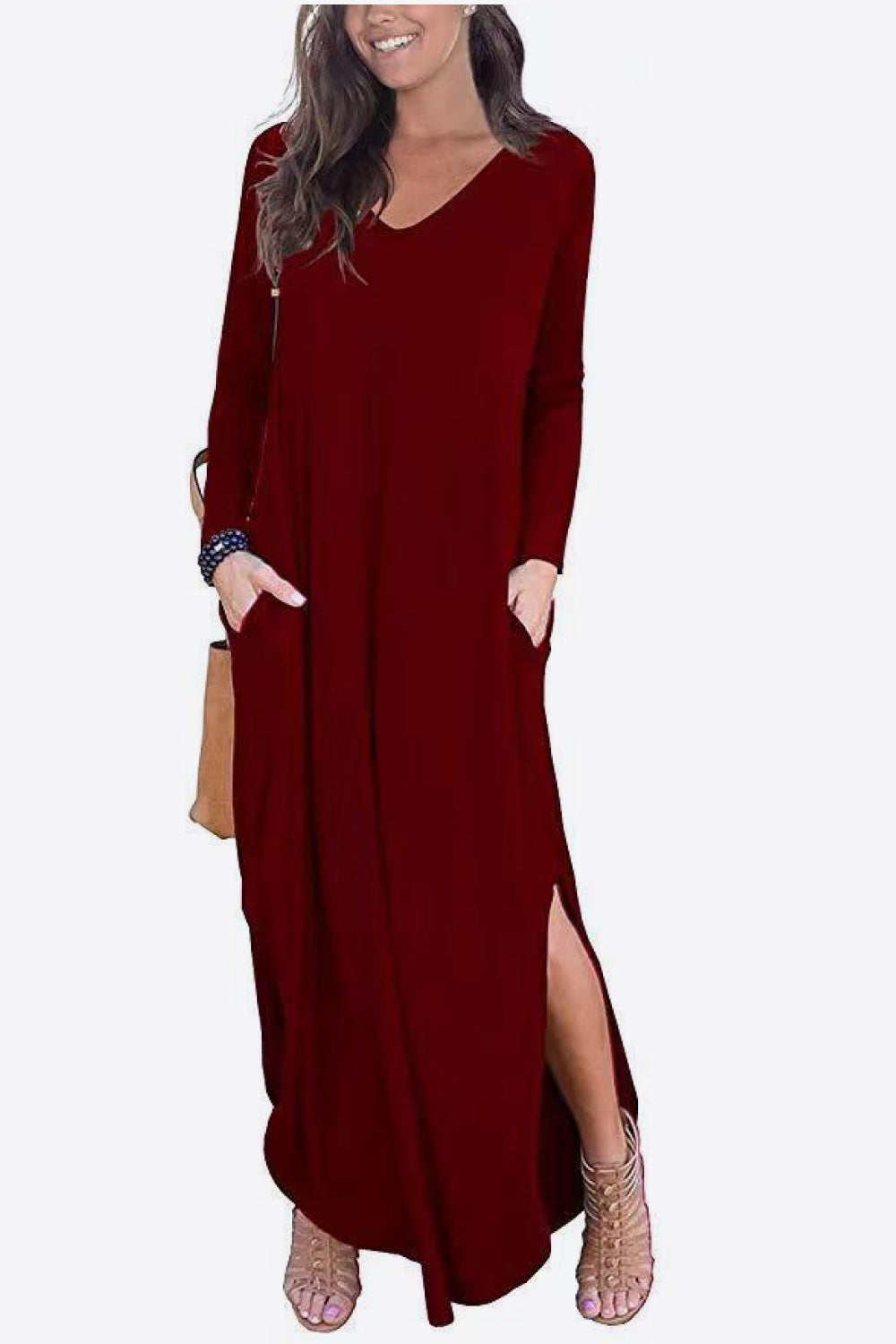 Split Long Sleeve V-Neck Maxi Dress-Teresa&#39;s Fashionista LLC