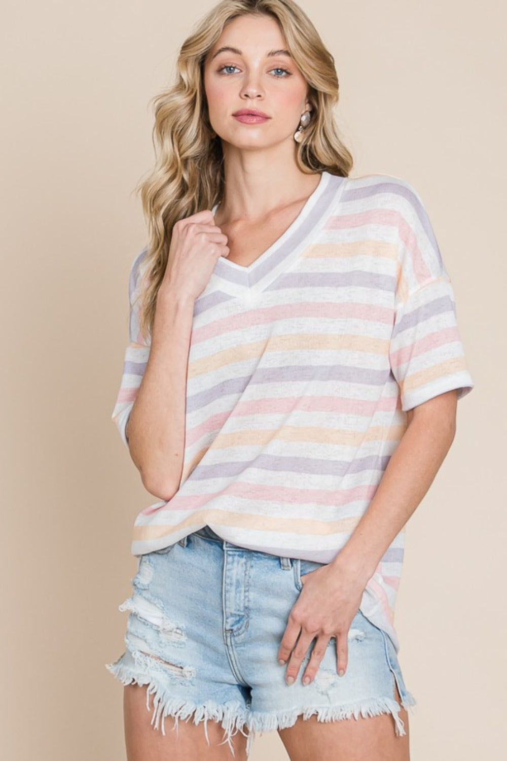 BOMBOM Striped V-Neck Short Sleeve T-Shirt-Teresa&#39;s Fashionista LLC