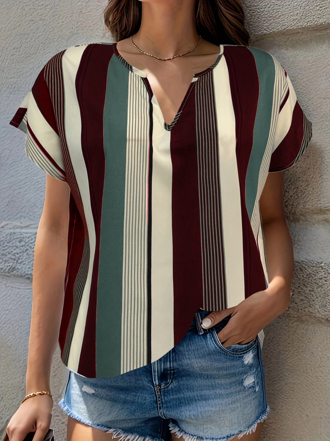 Striped Notched Short Sleeve Blouse-Teresa&#39;s Fashionista LLC