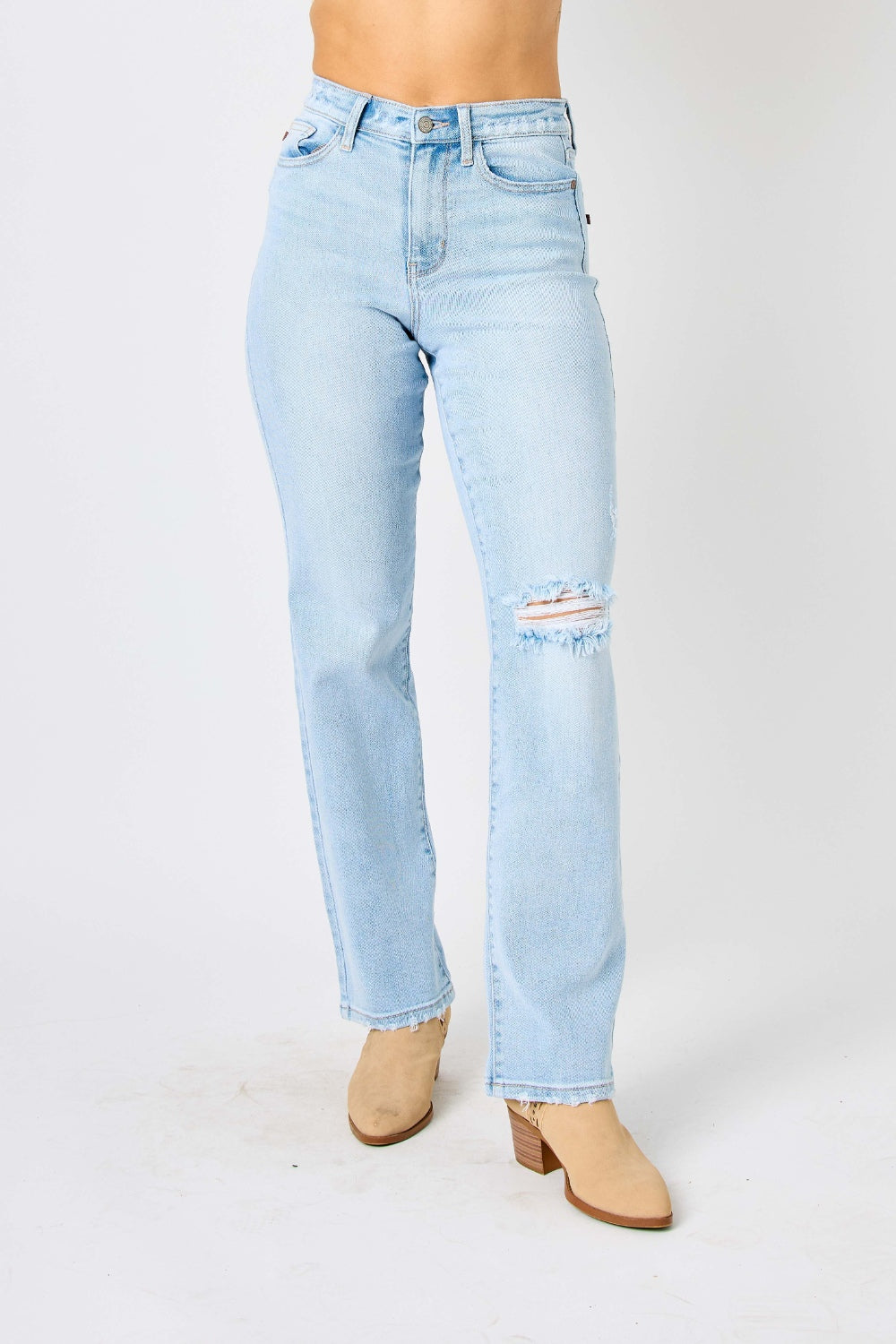 Judy Blue Full Size High Waist Distressed Straight Jeans-Teresa&#39;s Fashionista LLC