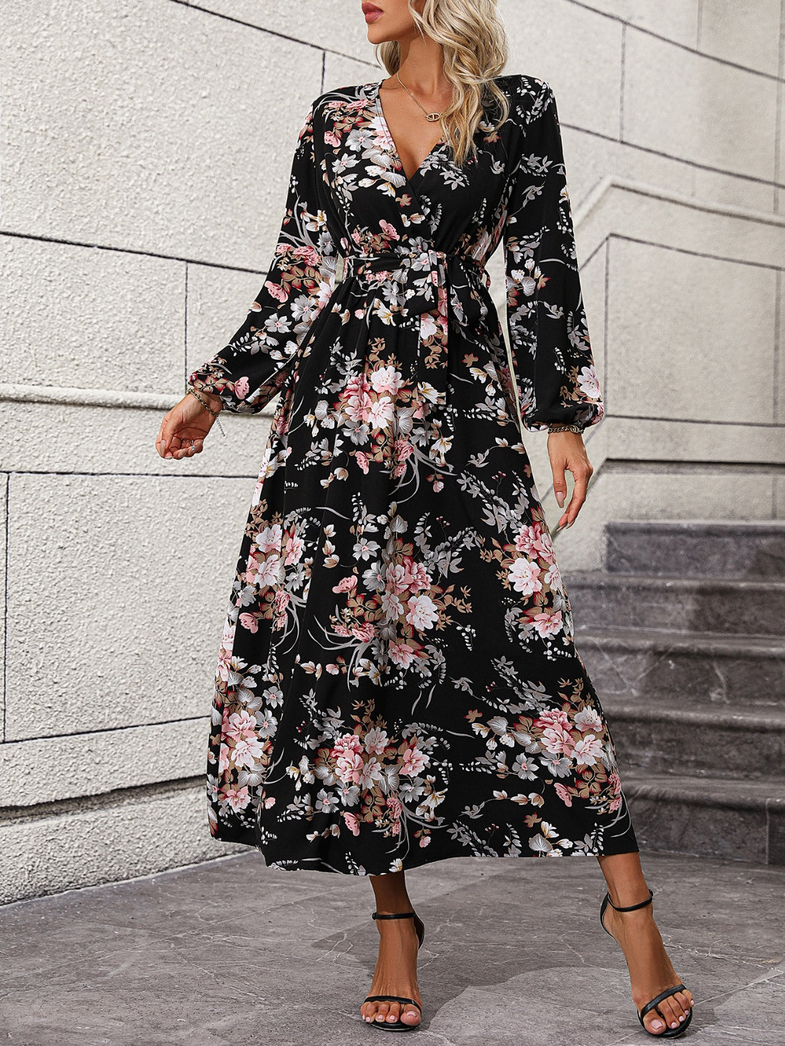 Floral Long Sleeve Surplice Neck Dress-Teresa&#39;s Fashionista LLC