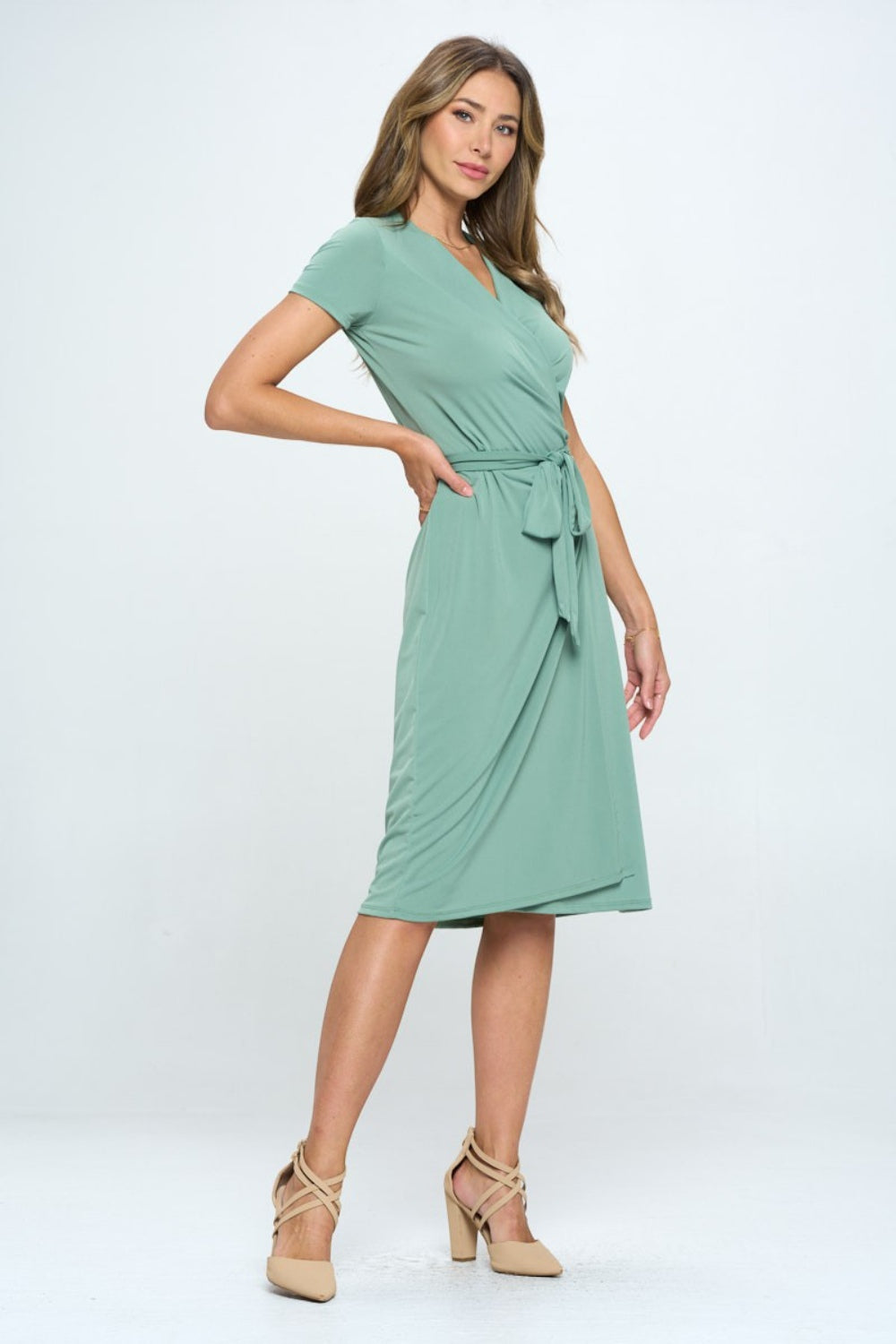 RENEE C Tie Front Surplice Short Sleeve Dress-Teresa&#39;s Fashionista LLC