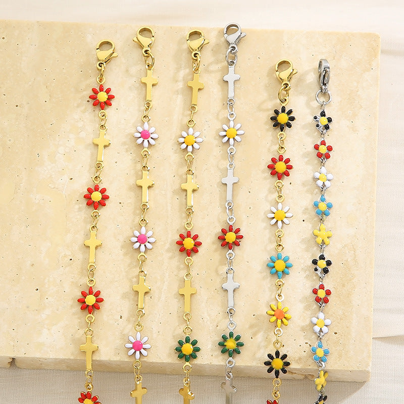 Flower & Cross Stainless Steel Bracelet-Teresa&#39;s Fashionista LLC