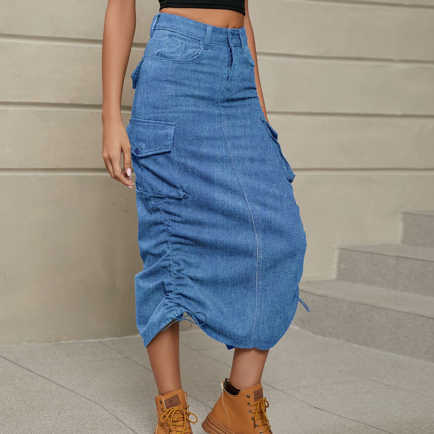 Drawstring Ruched Slit Denim Midi Skirt-Teresa&#39;s Fashionista LLC