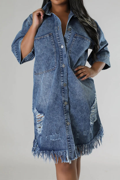 Distressed Raw Hem Button Up Denim Dress-Teresa&#39;s Fashionista LLC