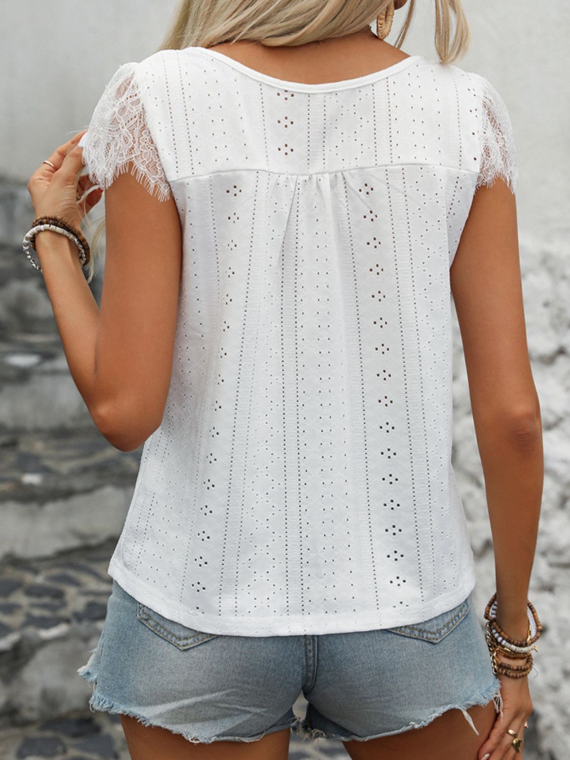 Eyelet Lace Detail V-Neck Cap Sleeve Top-Teresa&#39;s Fashionista LLC