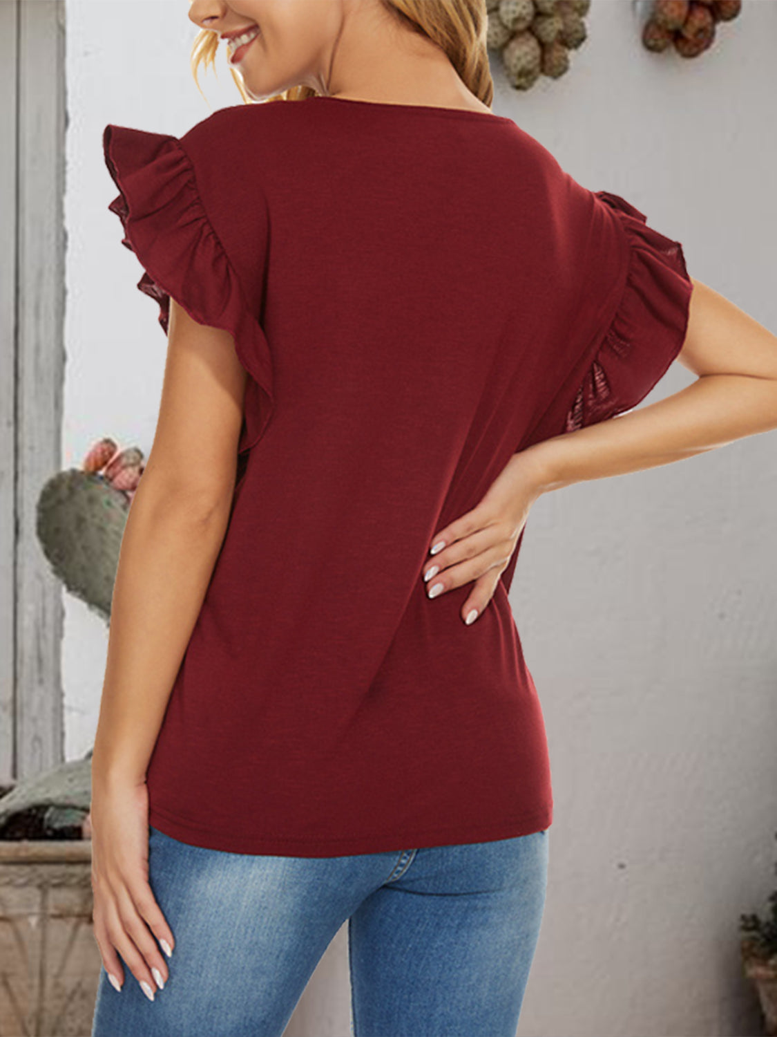 Ruffled Round Neck Cap Sleeve T-Shirt-Teresa&#39;s Fashionista LLC